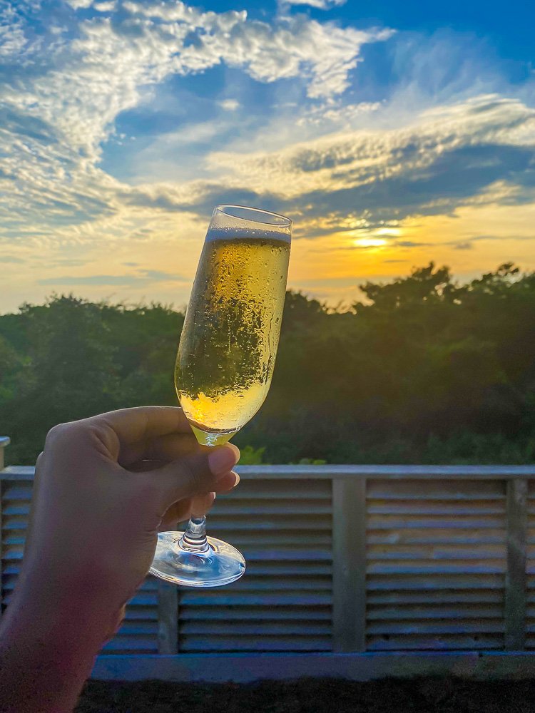 toasting flute of champagne at sunset