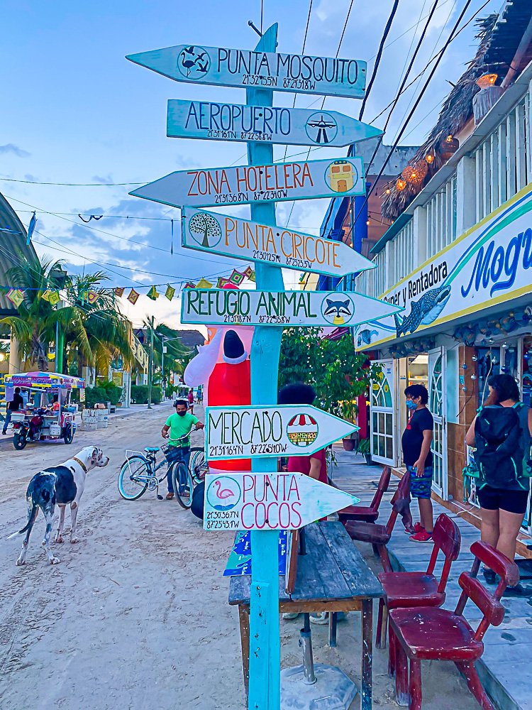 sign on Isla Holbox directing to various points of interest