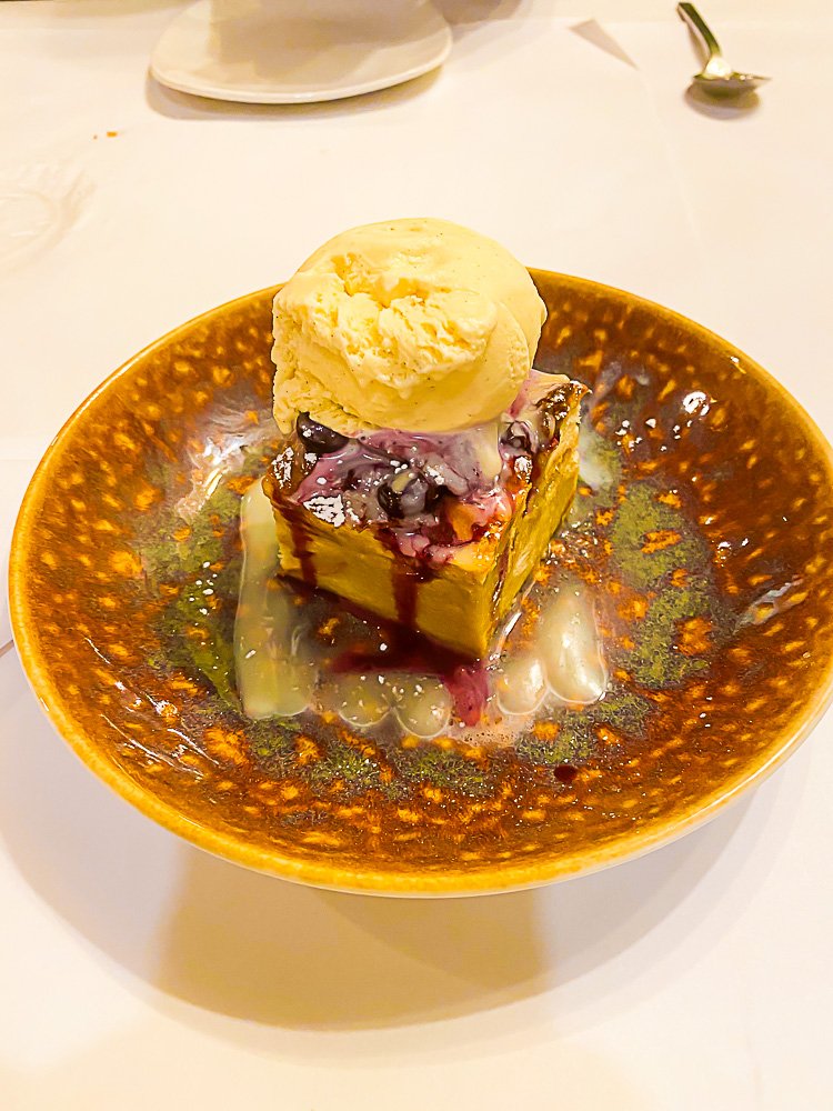 piece of bread pudding with ice cream from Georgia Brown's restaurant in DC.