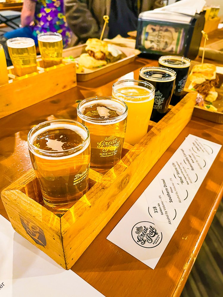 flight of beers at Great Raft Brewery.