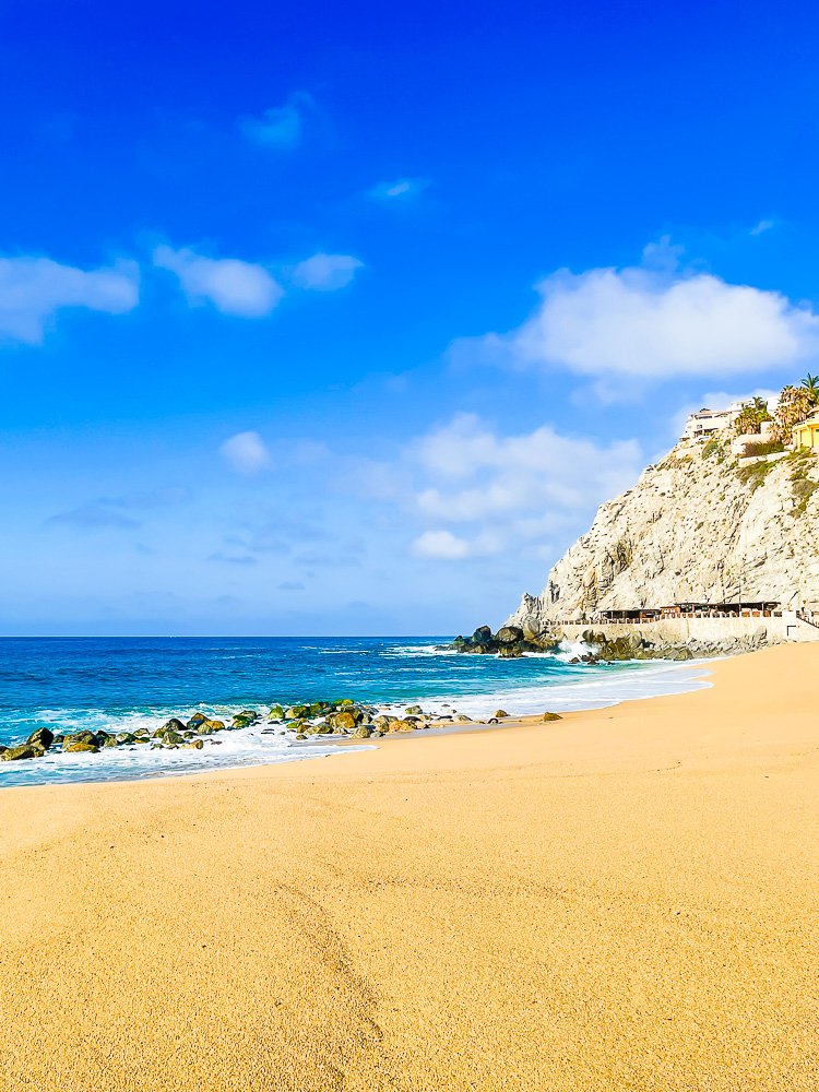 Waldorf Astoria Los Cabos Pedregal shoreline and El Farallón in the distance.