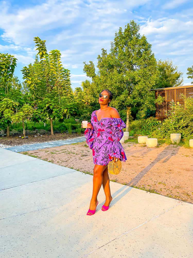 Jazzmine wearing pink and purple dress holding cocktail at Houston Botanic Gardens.