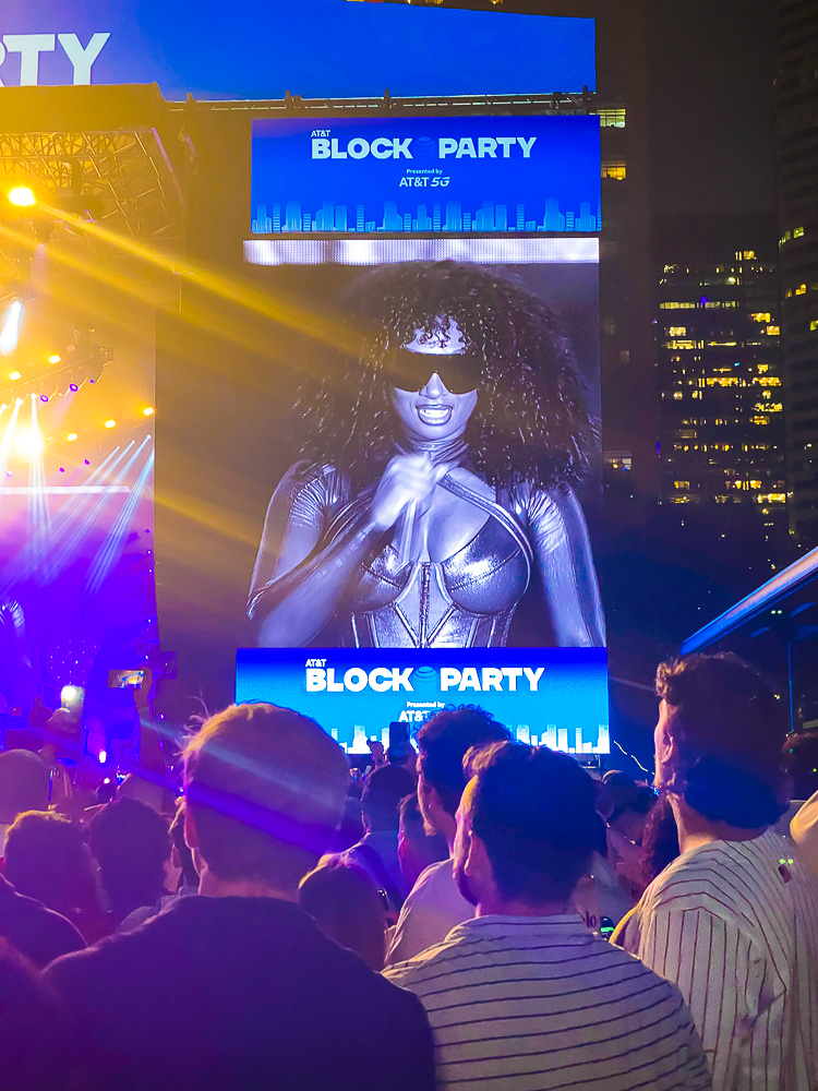 Megan Thee Stallion performing at AT&T Block Party in Houston's Discovery Green Park.