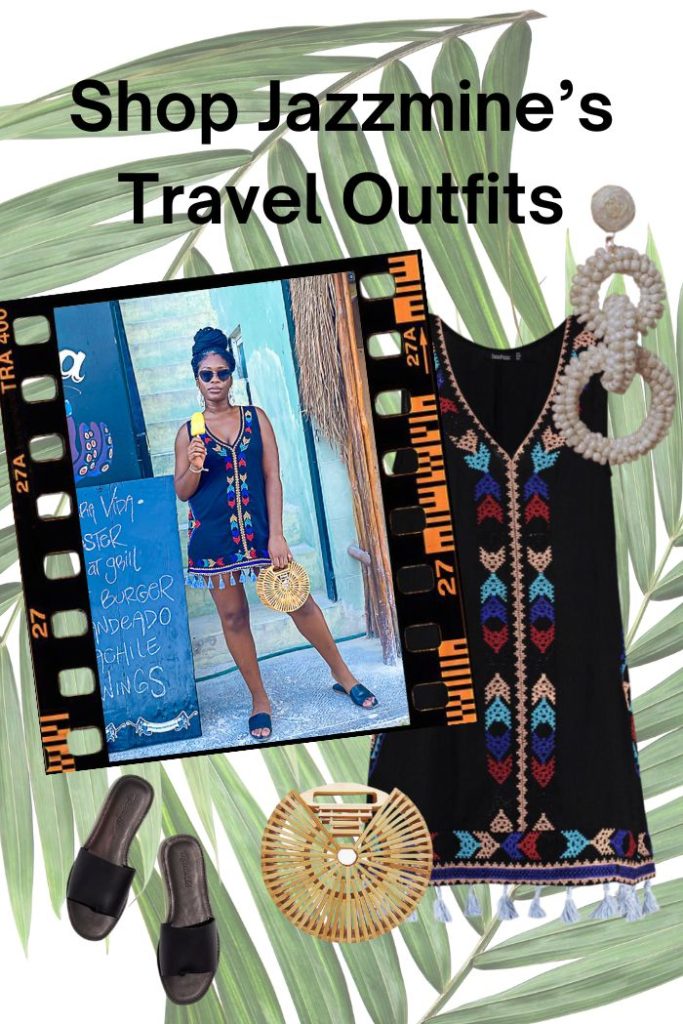 collage of Jazzmine wearing black dress in Isla Holbox and the items she's wearing.