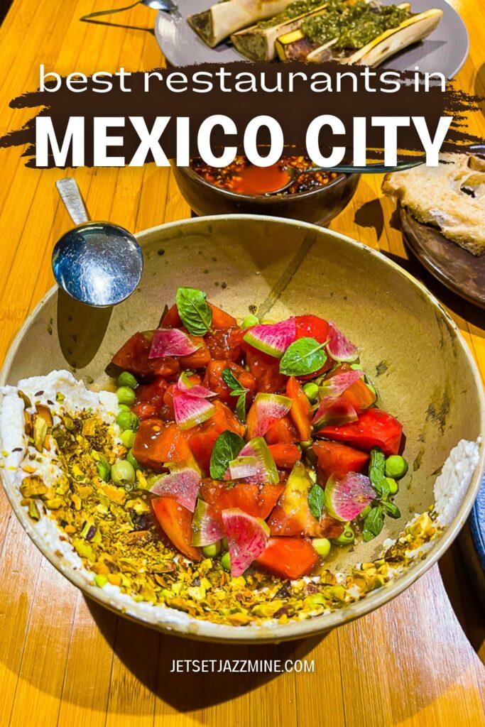 plate of tomatoes and watermelon radish with pistachios and goat cheese with text overlay: best restaurants in Mexico City.