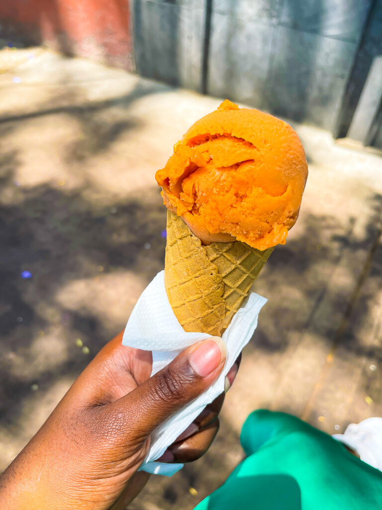 brown hand holding waffle cone filled with mamey sapote sorbet from Picnic Helados ice cream shop where you can get dessert in Mexico City's Coyoacan neighborhood.