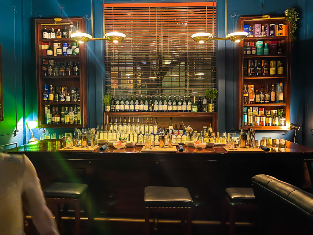 moody bar lined with bottles of Mezcal, mixers, liqueurs, glasses, bar tools, and fresh fruit, at Salón Rosario speakeasy in Mexico City.
