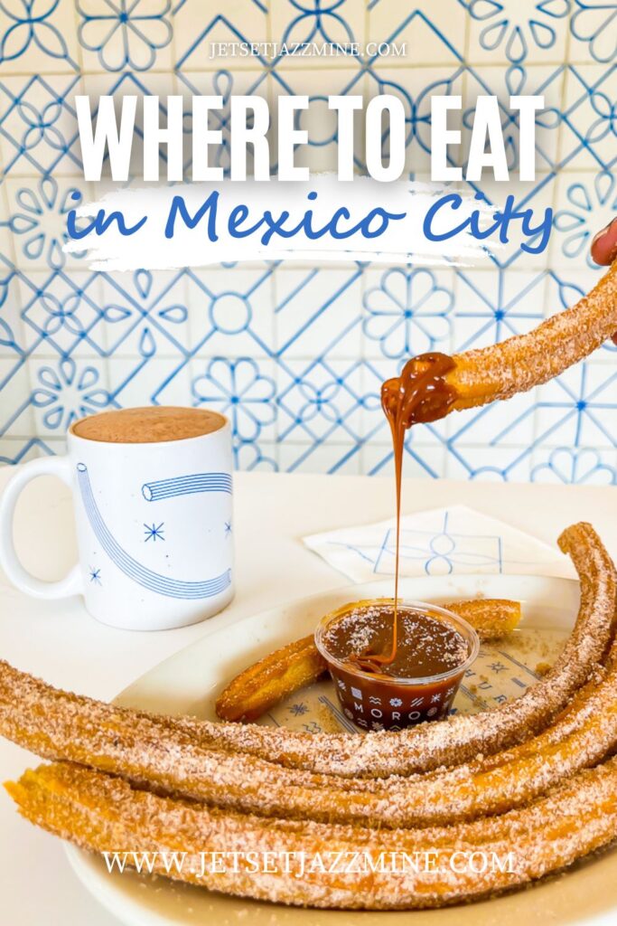 cajeta sauce dripping from churro with text overlay: where to eat in Mexico City.