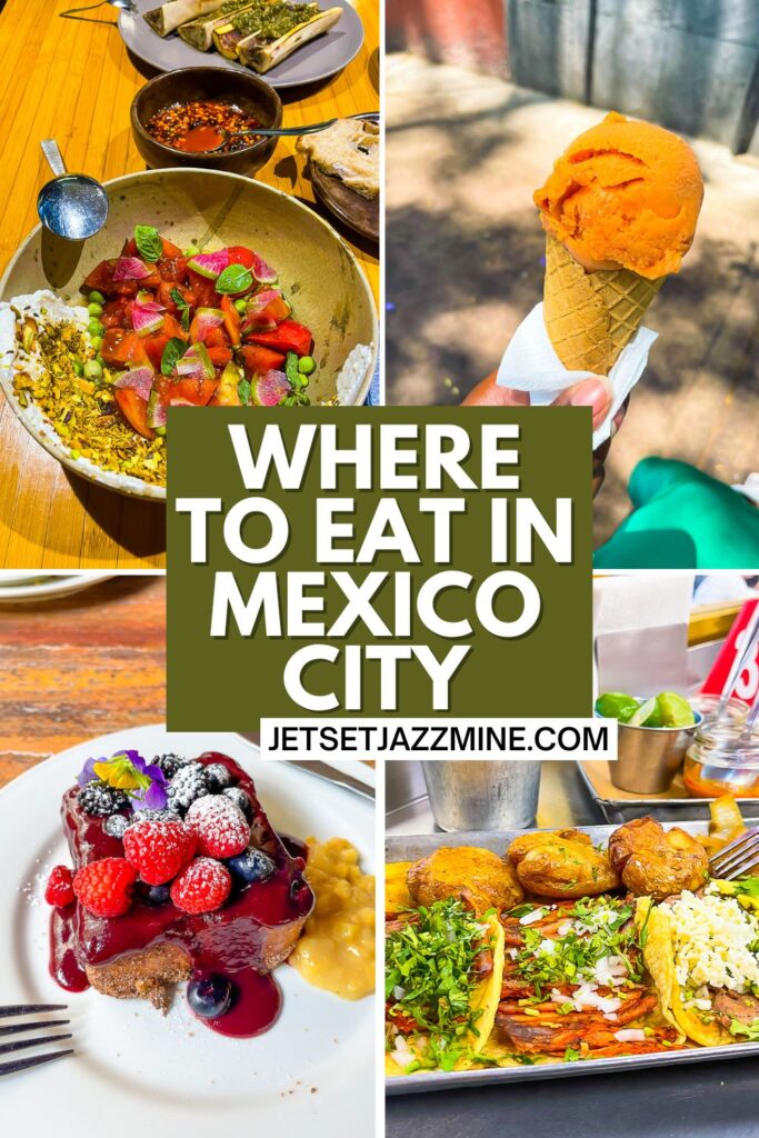 collage of fresh colorful dishes from unique Mexico City restaurants with text overlay: where to eat in Mexico City.