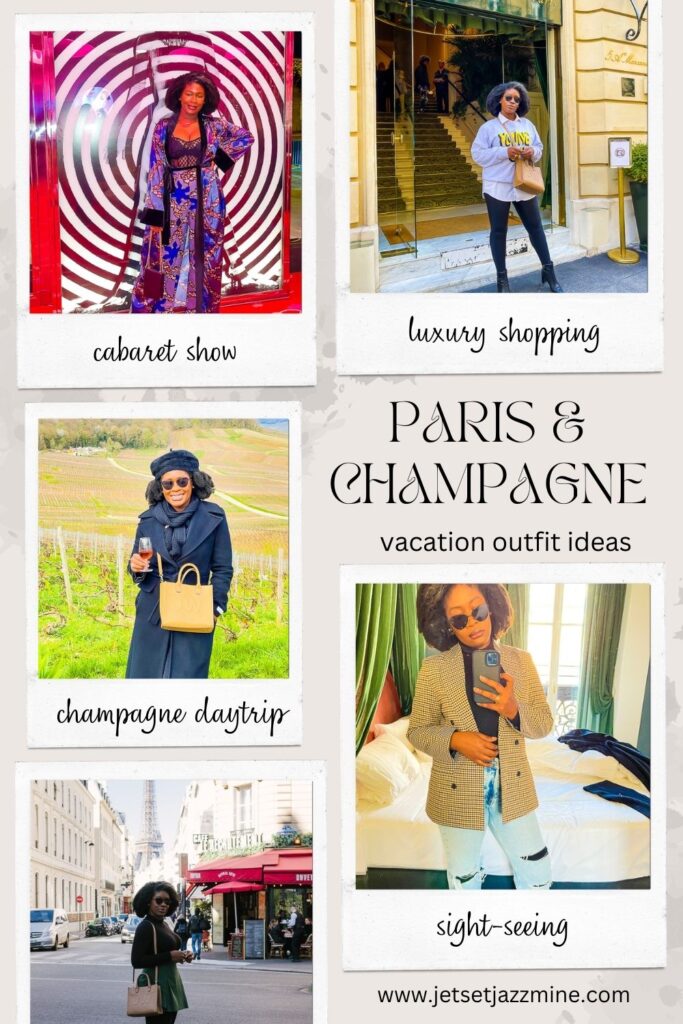 collage of photos of Black woman wearing different outfits around Paris and Champagne, France with text overlay "Paris & Champagne vacation outfit ideas".