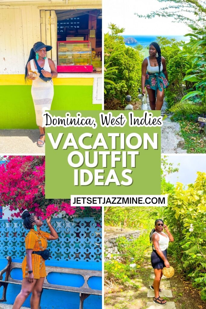 collage of woman wearing different outfits around the island of Dominica with text overlay: Dominica, West Indies vacation outfit ideas.