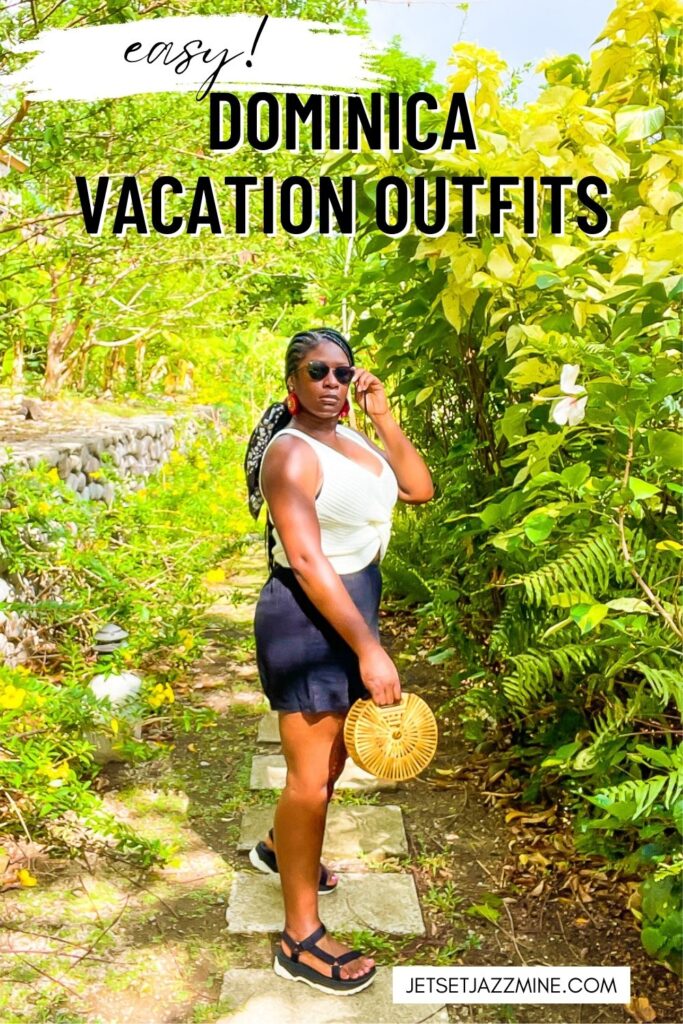 Jazzmine posing in tropical resort garden with text overlay: easy Dominica vacation outfits.