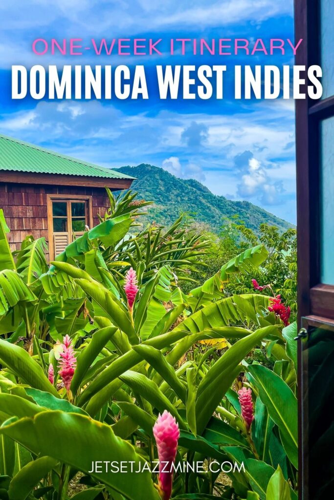 view of tropical plants out villa window with green mountain in the background; text overlay reads: one-week itinerary Dominica West Indies.