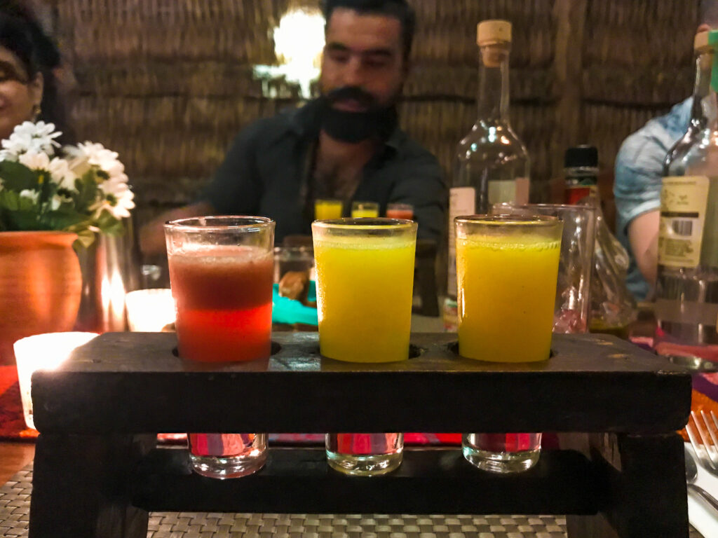 shot glasses filled with colorful cocktails at Tulum's Mexican Dining Experience jungle dinner excursion.