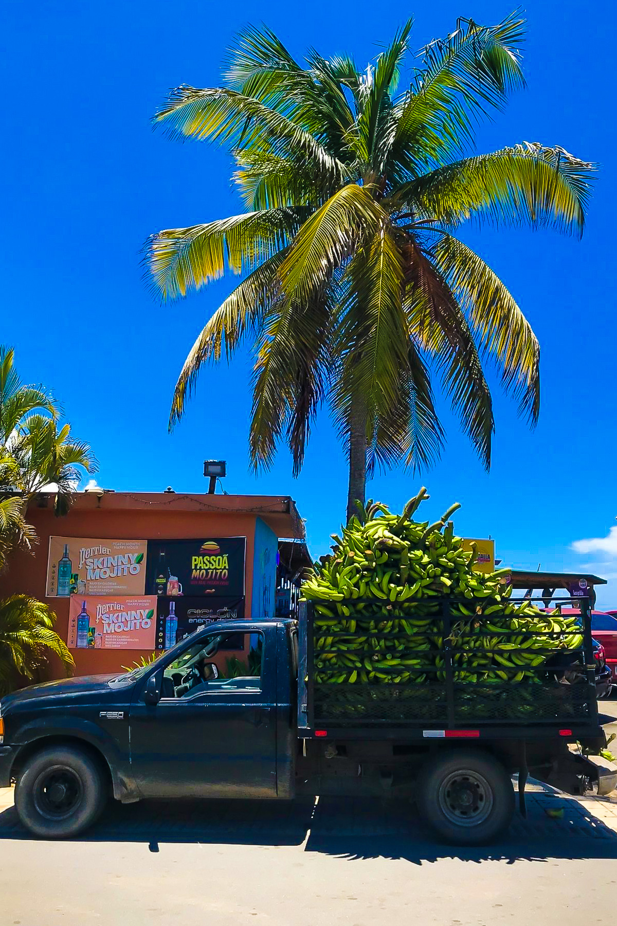 truck full of green plantains or platanos parked outside local waterfront restaurant in Loíza, Puerto Rico.