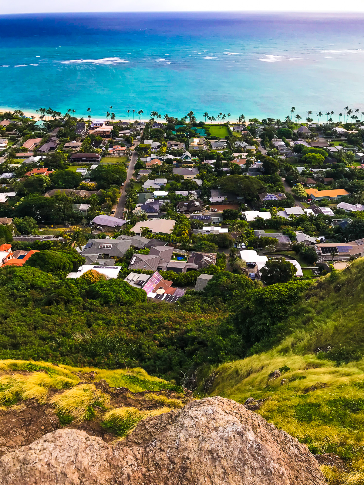 aerial view of Lanikai Beach and nearby beach houses from Kaiwa Ridge.