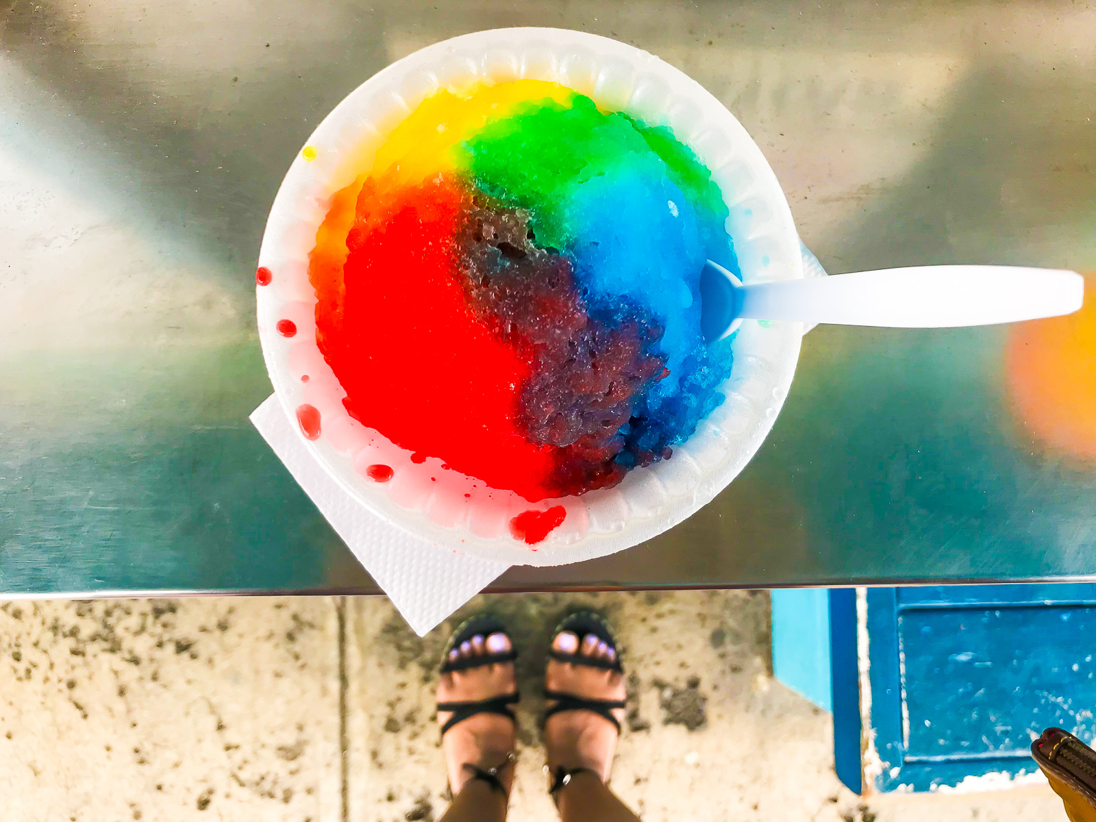 Obama style rainbow shave ice at the original Waiola Shave Ice location in Honolulu.
