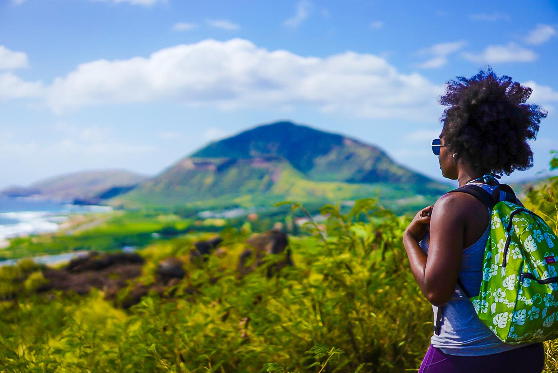 Jazzmine looking out at the ocean from lookout point on Makapu'u Point Lighthouse Trail hike.