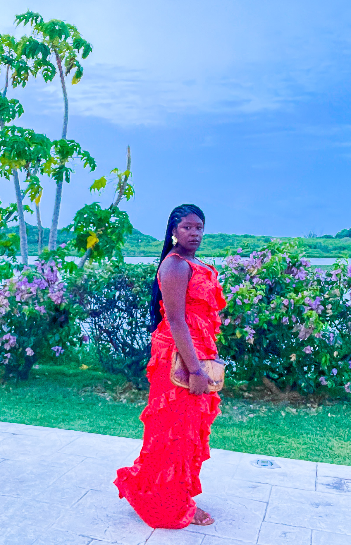 Jazzmine wearing an orange and purple fluttered gown.