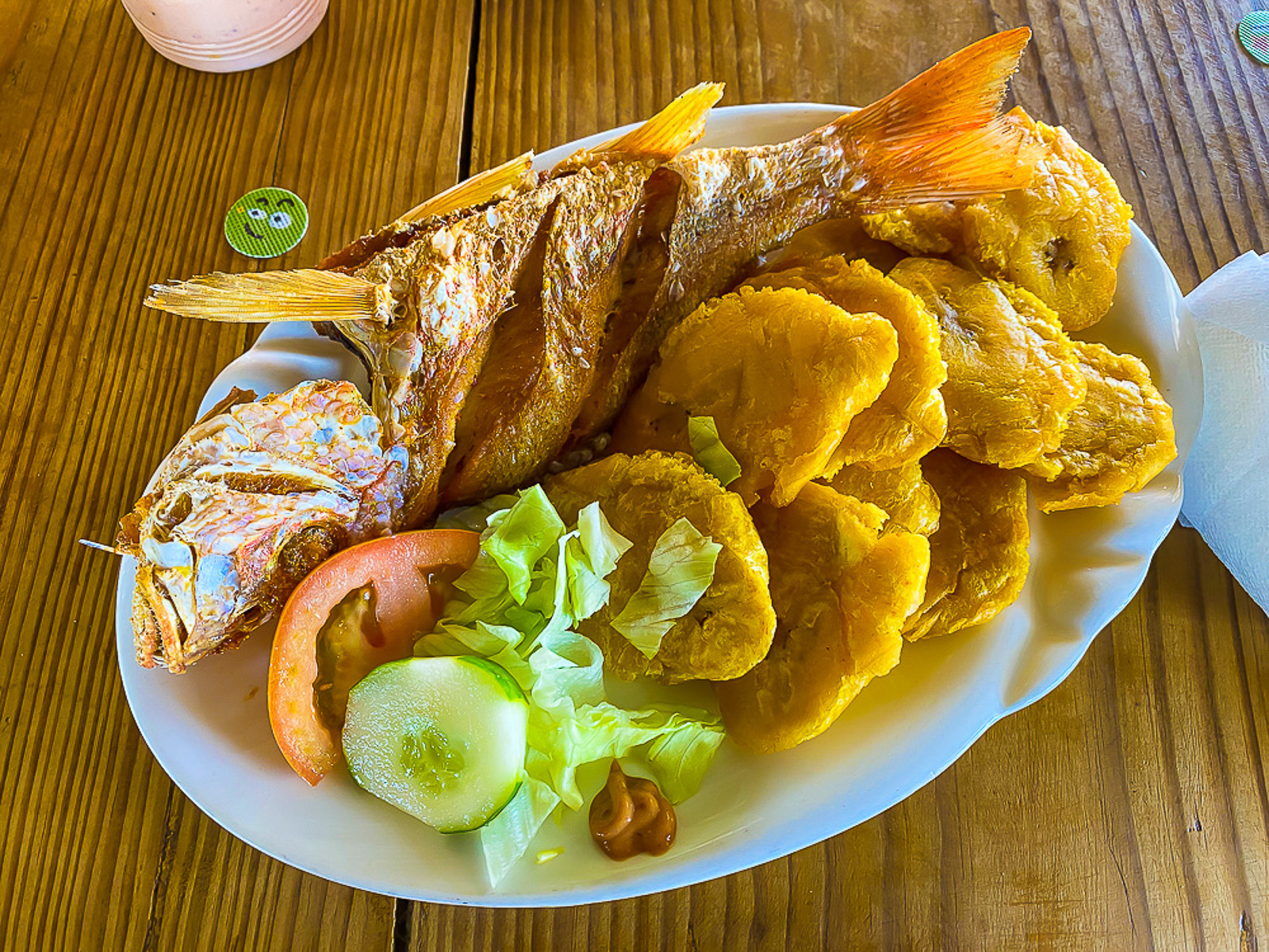 Dominican fried fish plate with salad and tostones at Parador Felicia in Miches, DR.