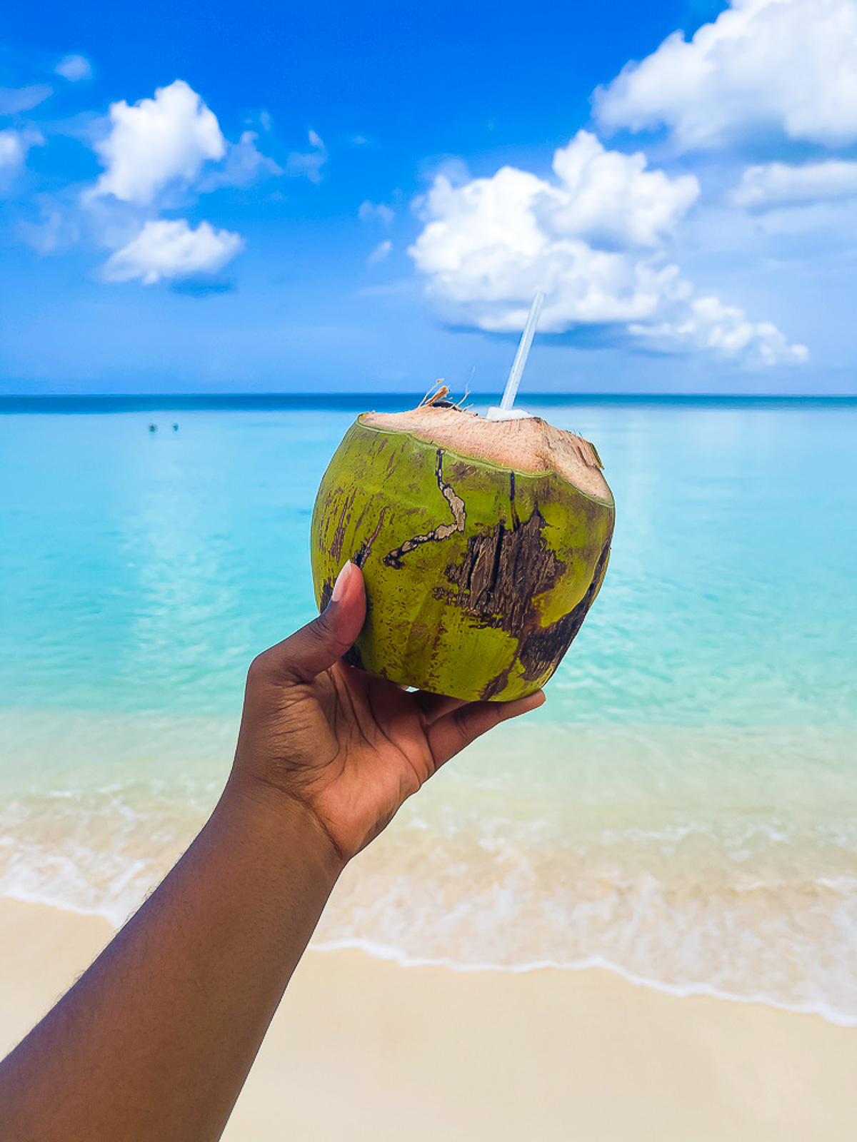 brown hand holding fresh-cut coconut with a straw sticking out of it with crystal blue waters of Playa Palmilla in the background.