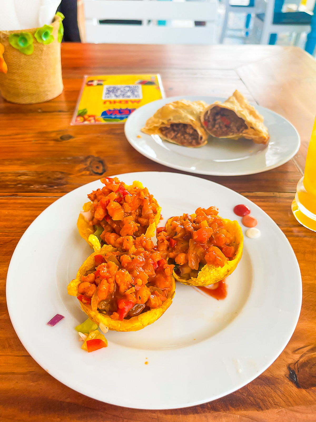 plates of beef empanadillas and shrimp canasticas at La Casita de Yeya in downtown Punta Cana, Dominican Republic.