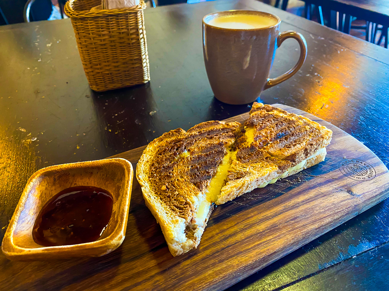 grilled cheese sandwich with side of chipotle jam for breakfast at Cozumel's Maple Bakehouse.