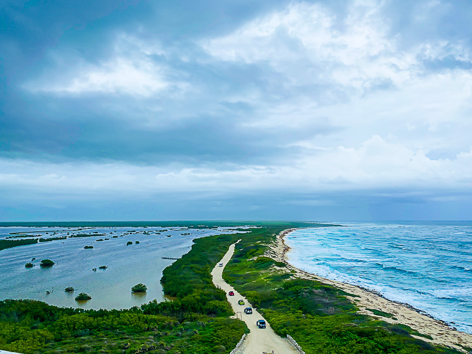 arial view of Punta Sur Eco Park and Beach from Lighthouse in Cozumel, Quintana Roo, Mexico.