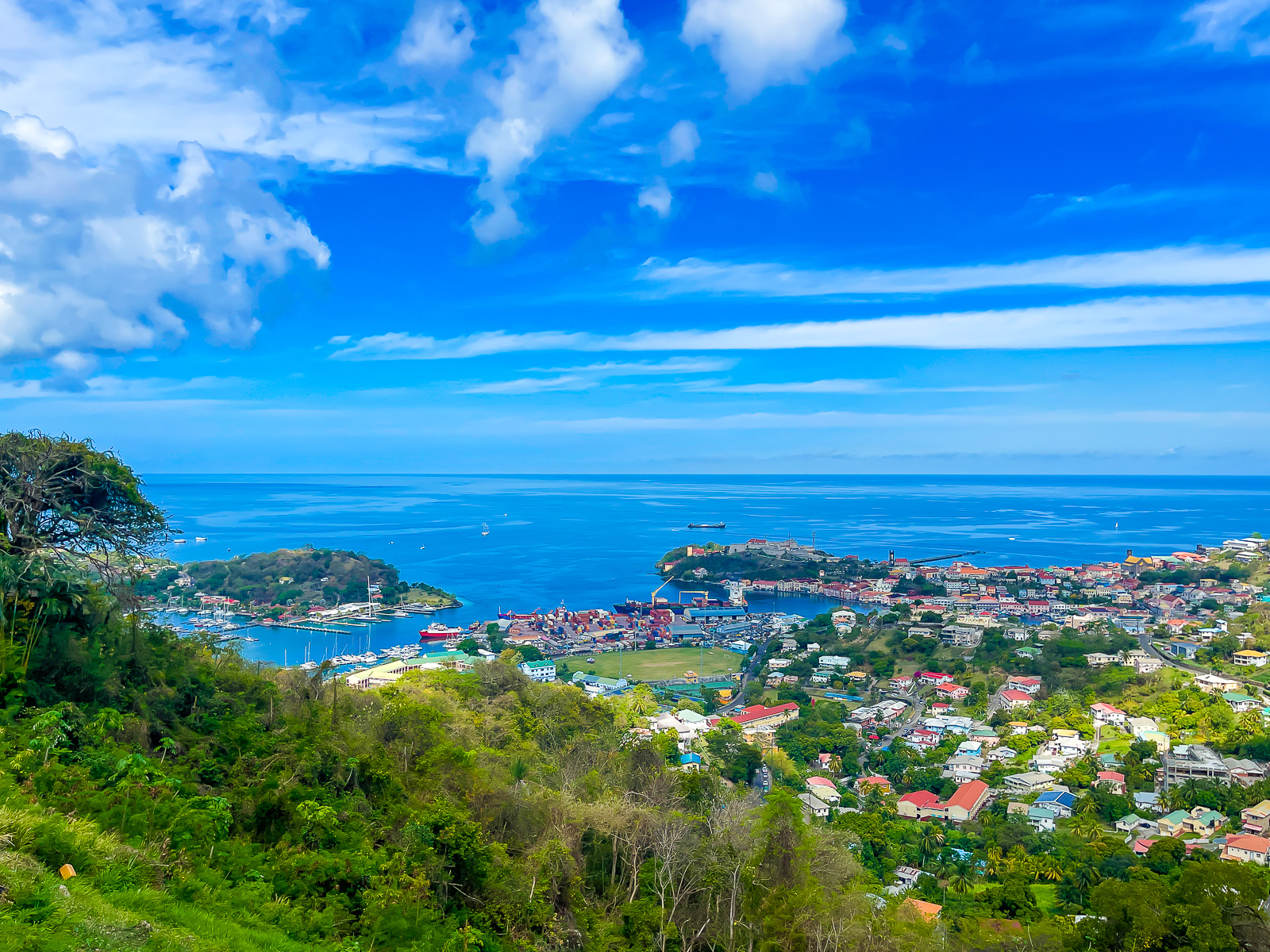 View of the town, cruise ships port, and the Caribbean Sea from Fort Frederic, Grenada.