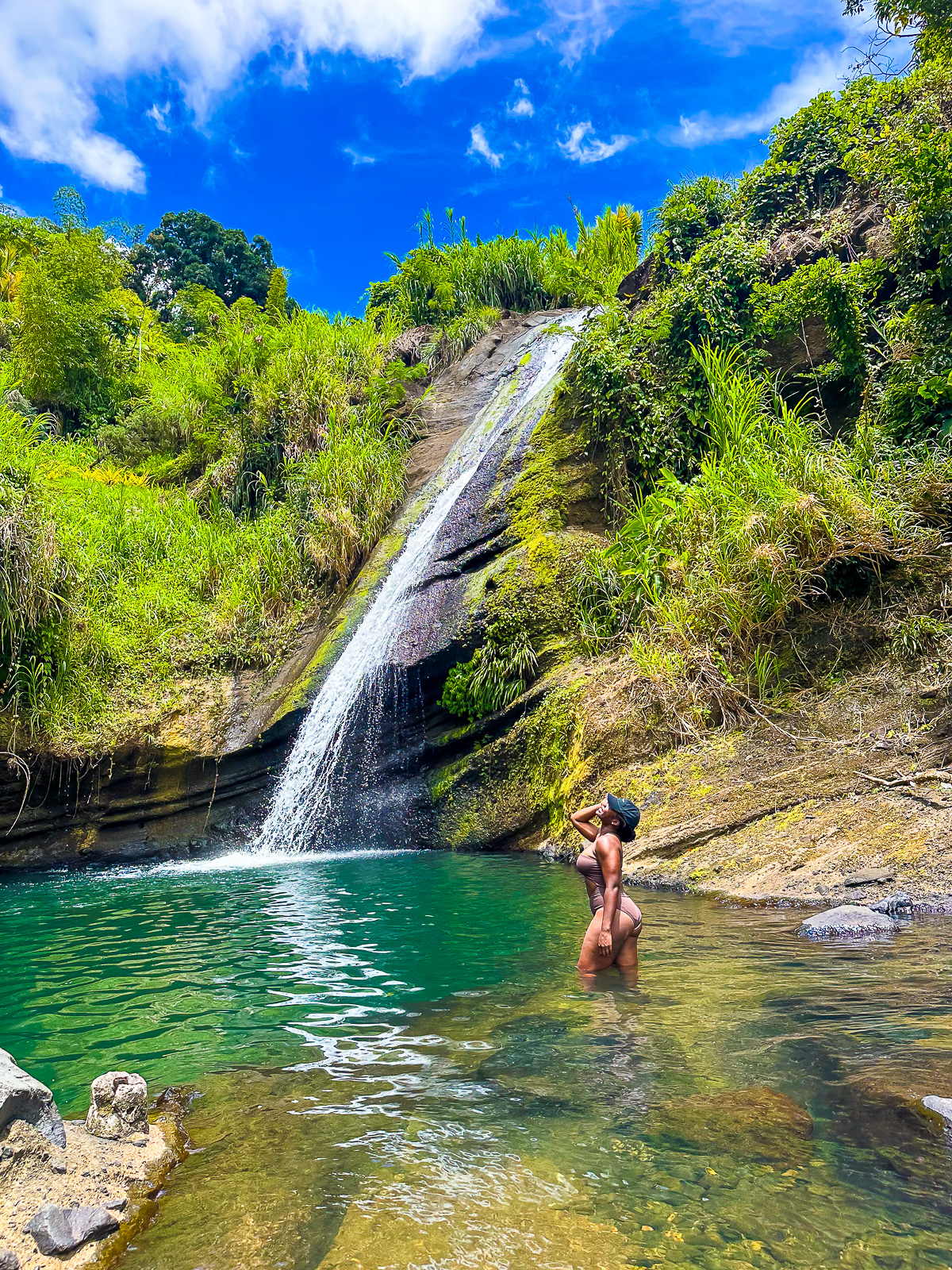 Jazzmine swimming at Concord Waterfall on the Isle of Spice, Grenada, W.I.