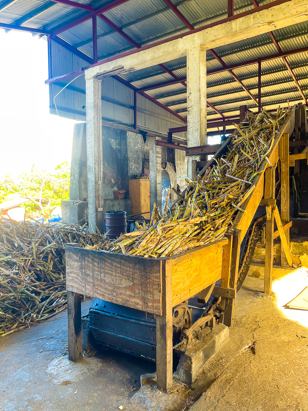 sugar cane being processed at River Antoine Rum Distillery in Tivoli, Grenada.