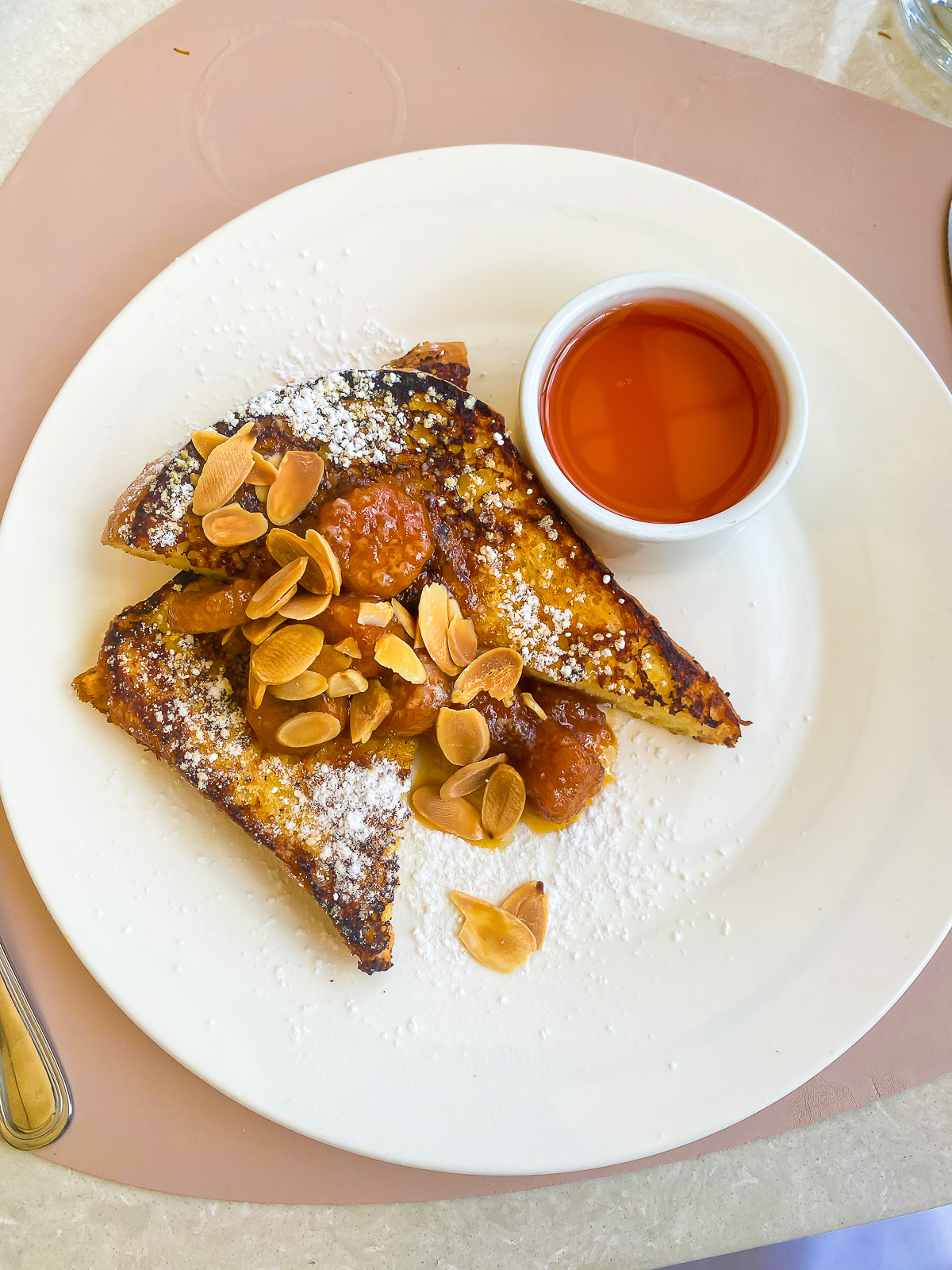 plate of caramelized banana french toast served with local Grenadian nutmeg syrup at the Flying Fish restaurant in Morne Rouge.