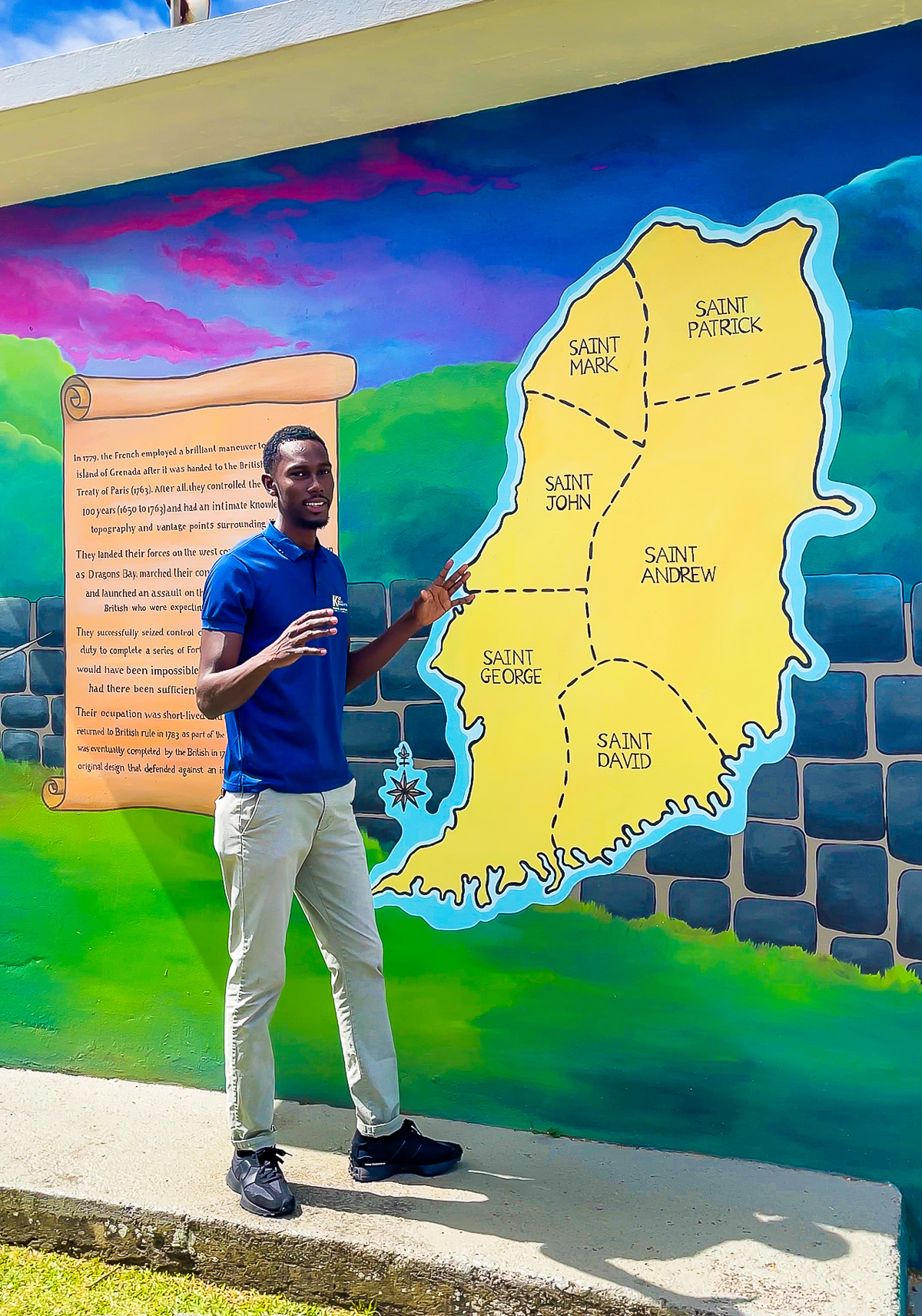 Kellon Natoo, aka, Kell the Tour Guide Grenada Adventures explaining the Caribbean country's different parishes at Fort Frederic, St. George.