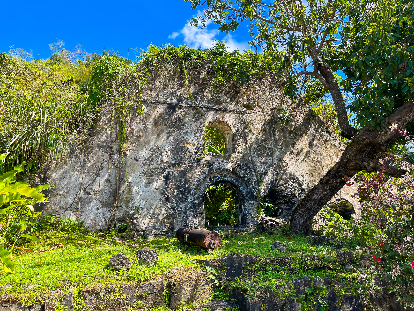 remains of a colonial building at Jouvay Chocolate Factory in Grenada.