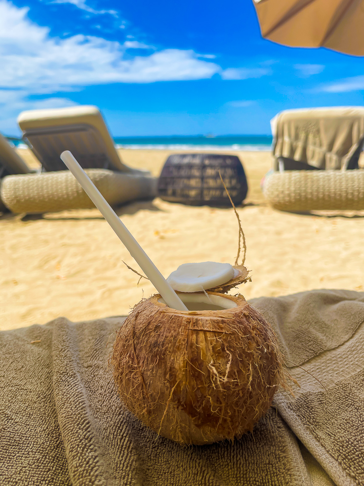 fresh coconut with a straw through it on Tamarindo Beach.